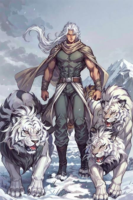 386808-3995062825-1boy,male focus,solo,cape,wolf,white hair,long hair,scarf,snow,lion,tiger,masterpiece,best quality,8k,_lora_hongkong_comic_style.png
